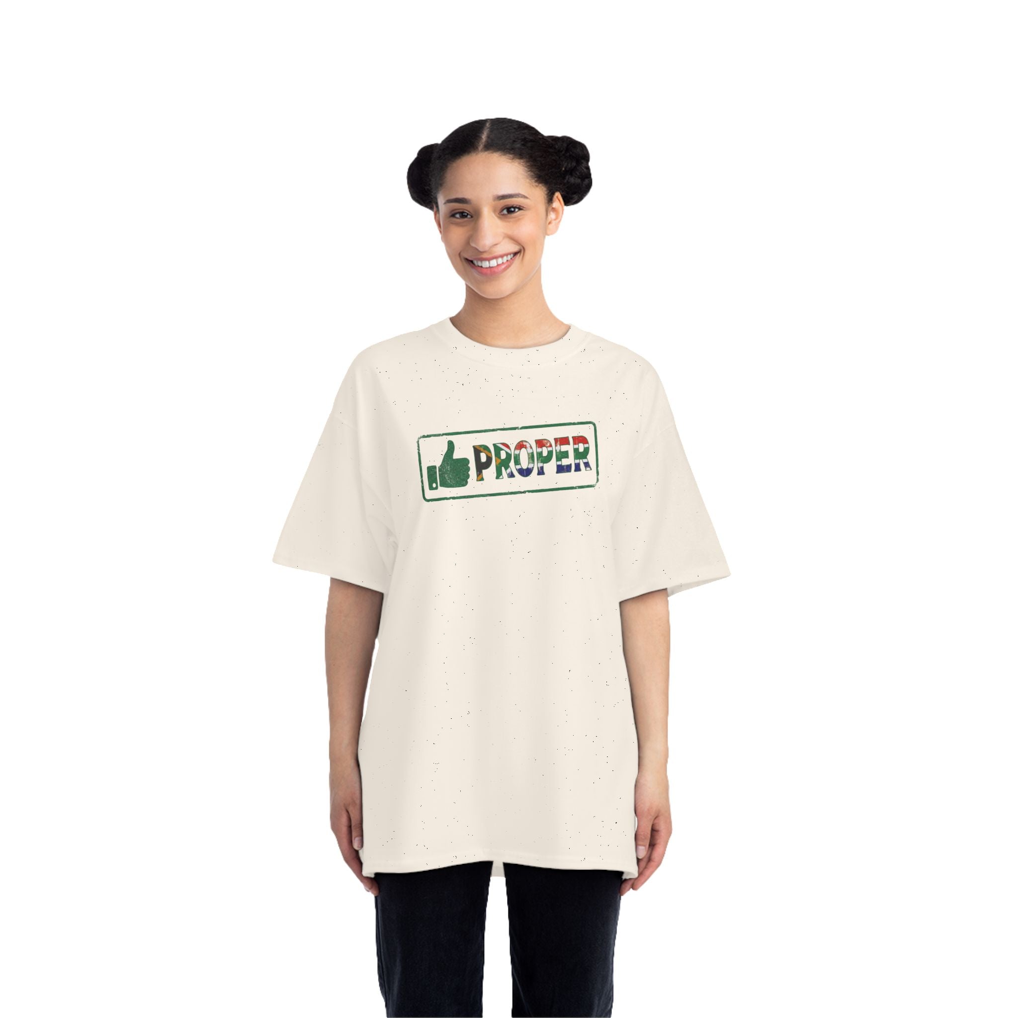 Woman wearing a beige Hanes t-shirt with a proper South African flag graphic