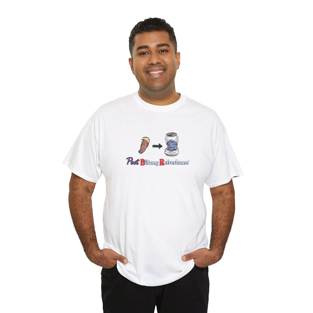 White t-shirt featuring a slice of Proper Biltong followed by a Post Biltong Refreshment
