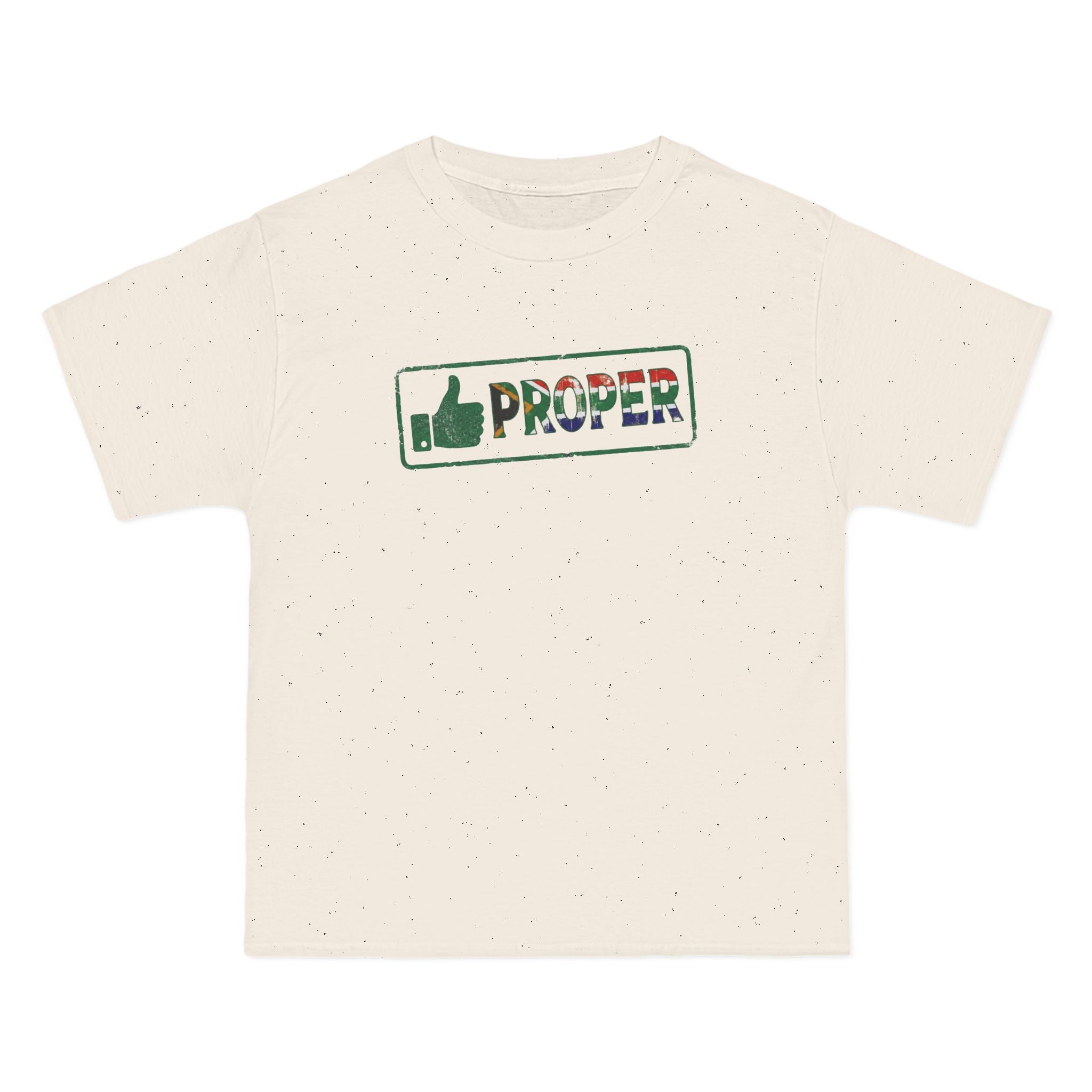 Man wearing a beige t-shirt with a proper South African flag graphic