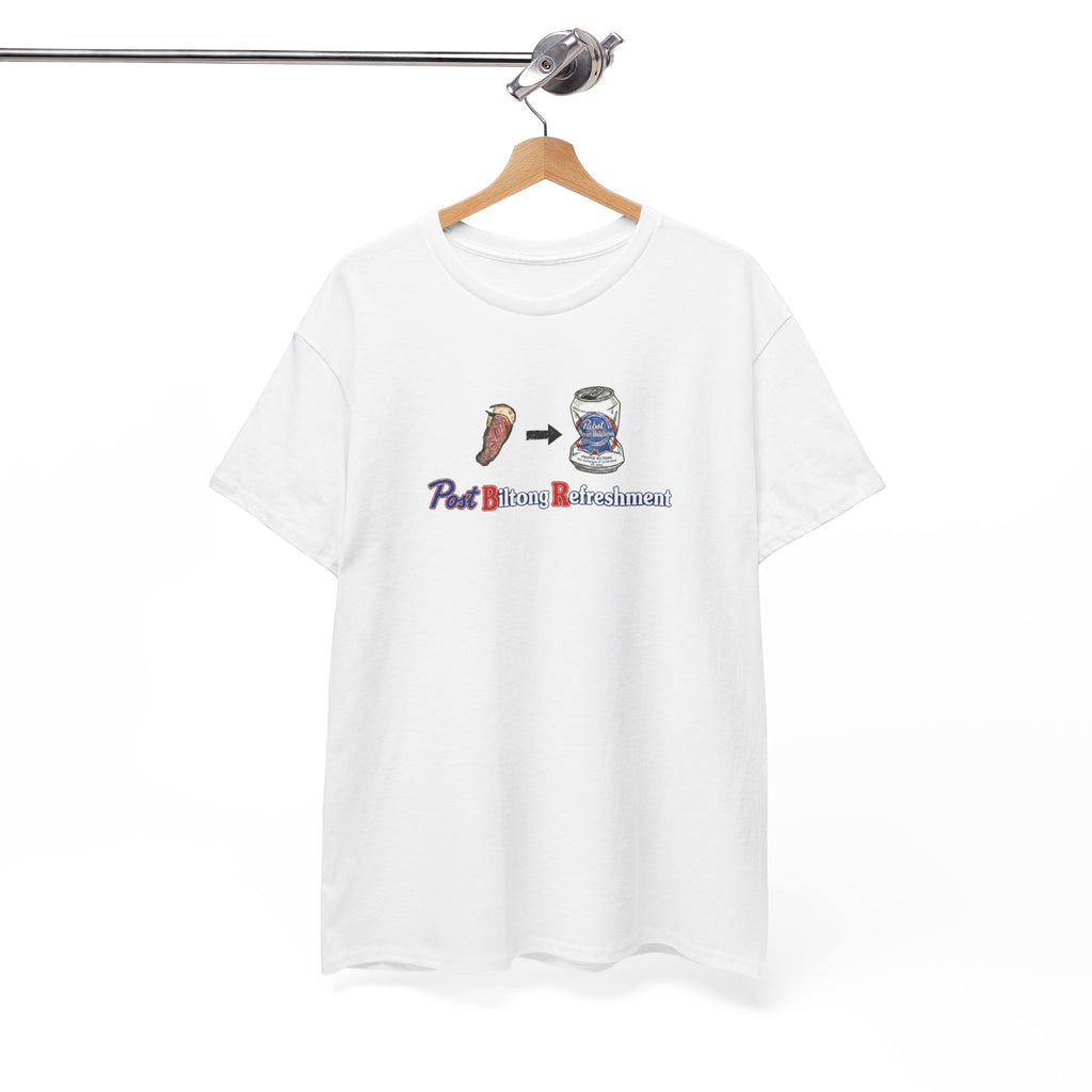 White t-shirt featuring a slice of Proper Biltong followed by a Post Biltong Refreshment