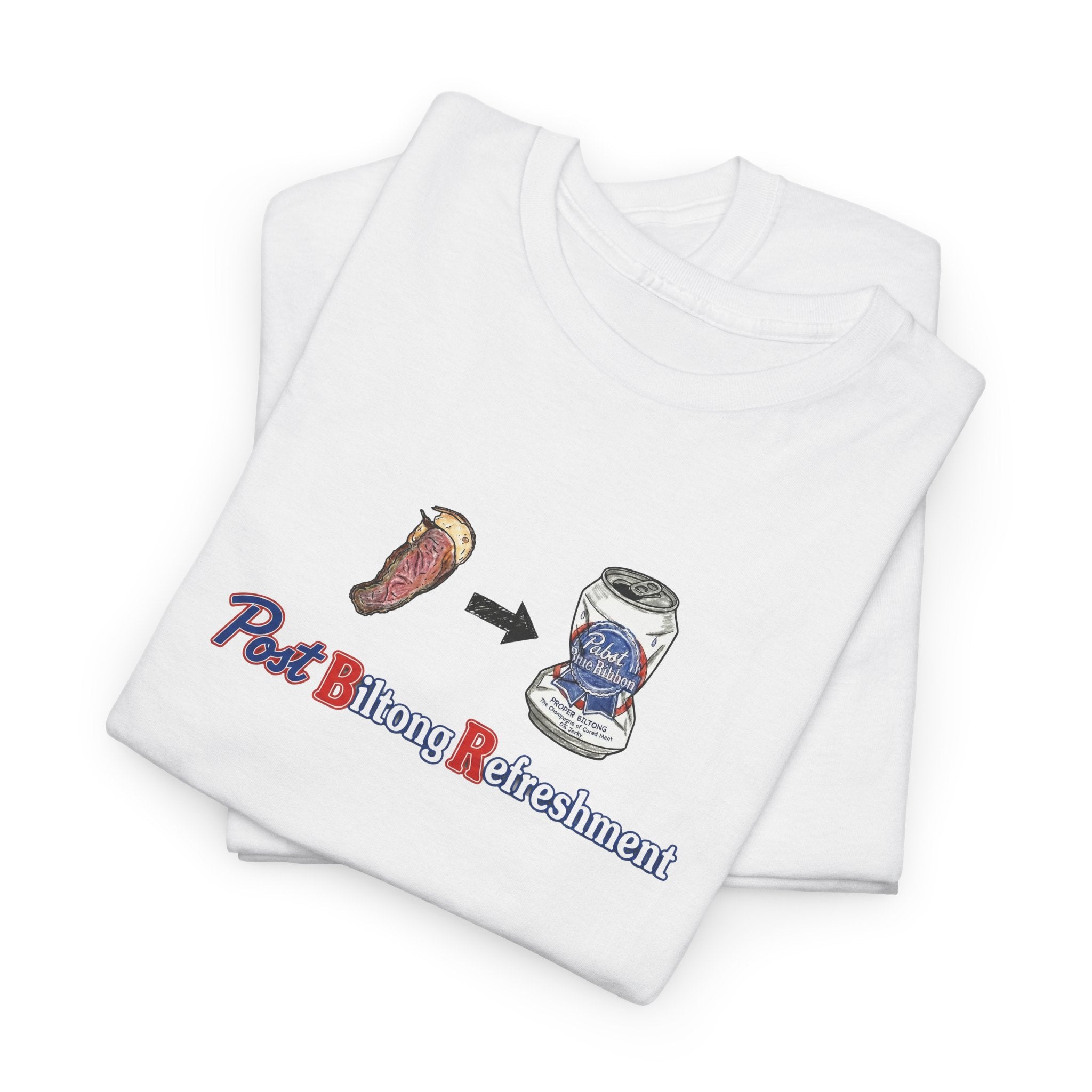 White t-shirt featuring a slice of Proper Biltong followed by a Post Biltong Refreshment