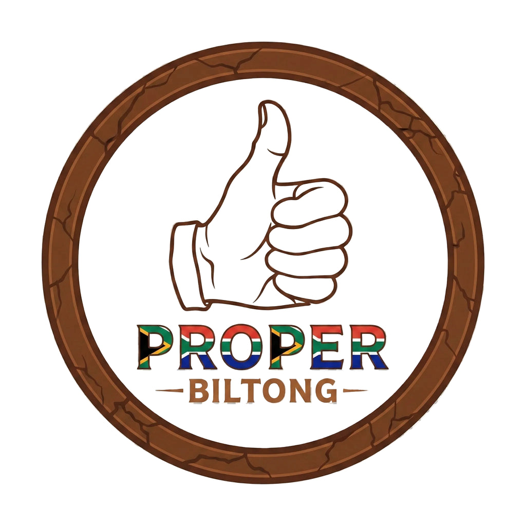 Logo of 'Proper Biltong' with a hand giving a thumbs up inside a wooden frame on a transparent background.