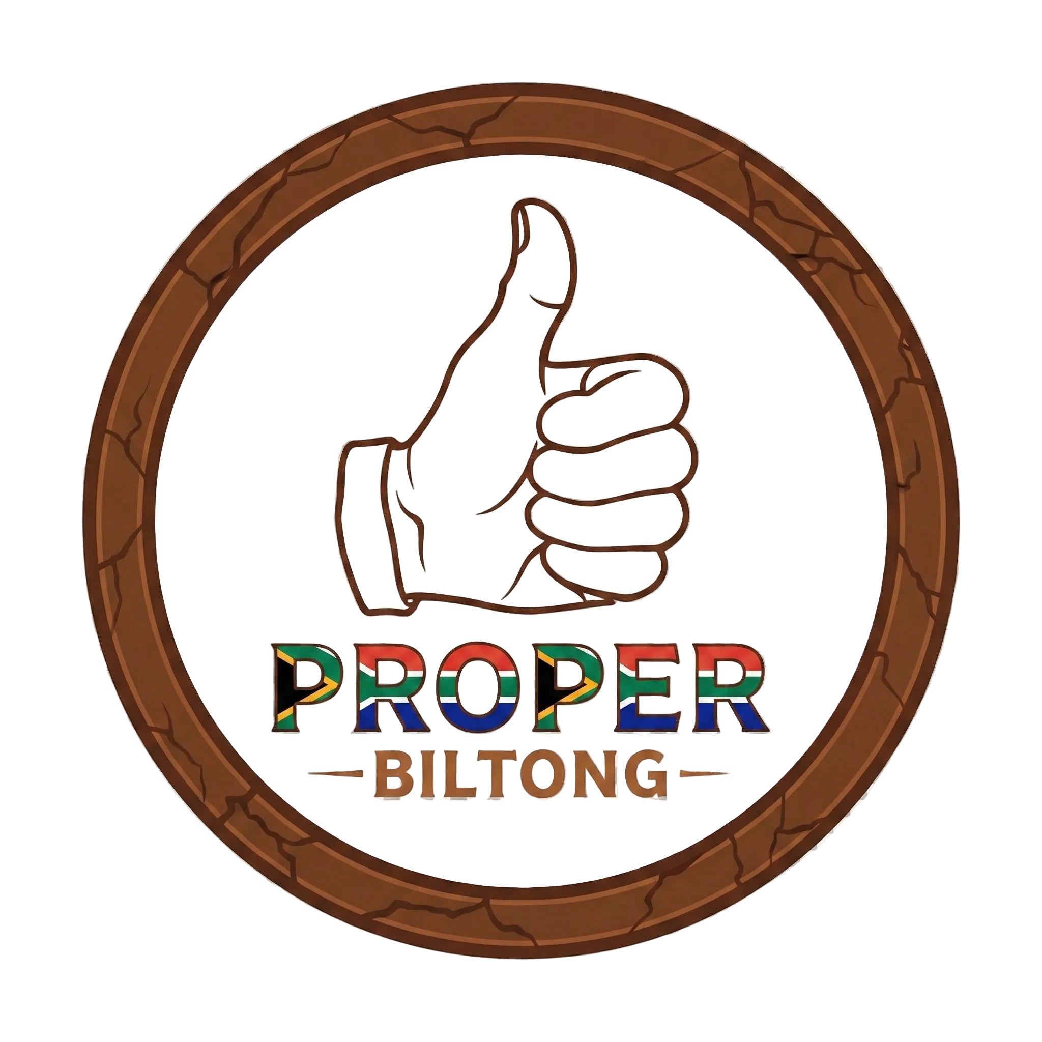 Logo of 'Proper Biltong' with a hand giving a thumbs up inside a wooden frame on a transparent background.