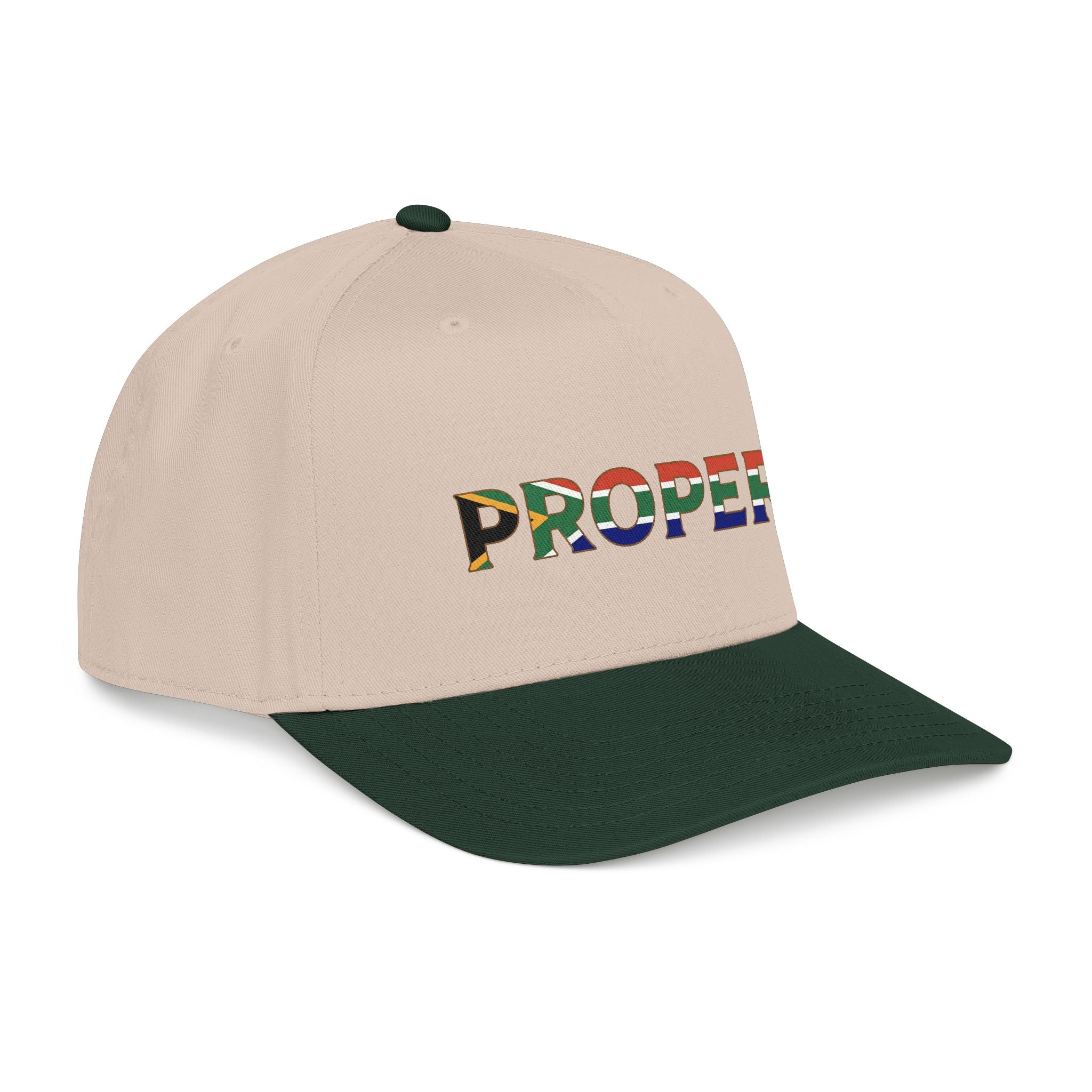 Beige and green cap with colorful 'Proper' South African Flag branding