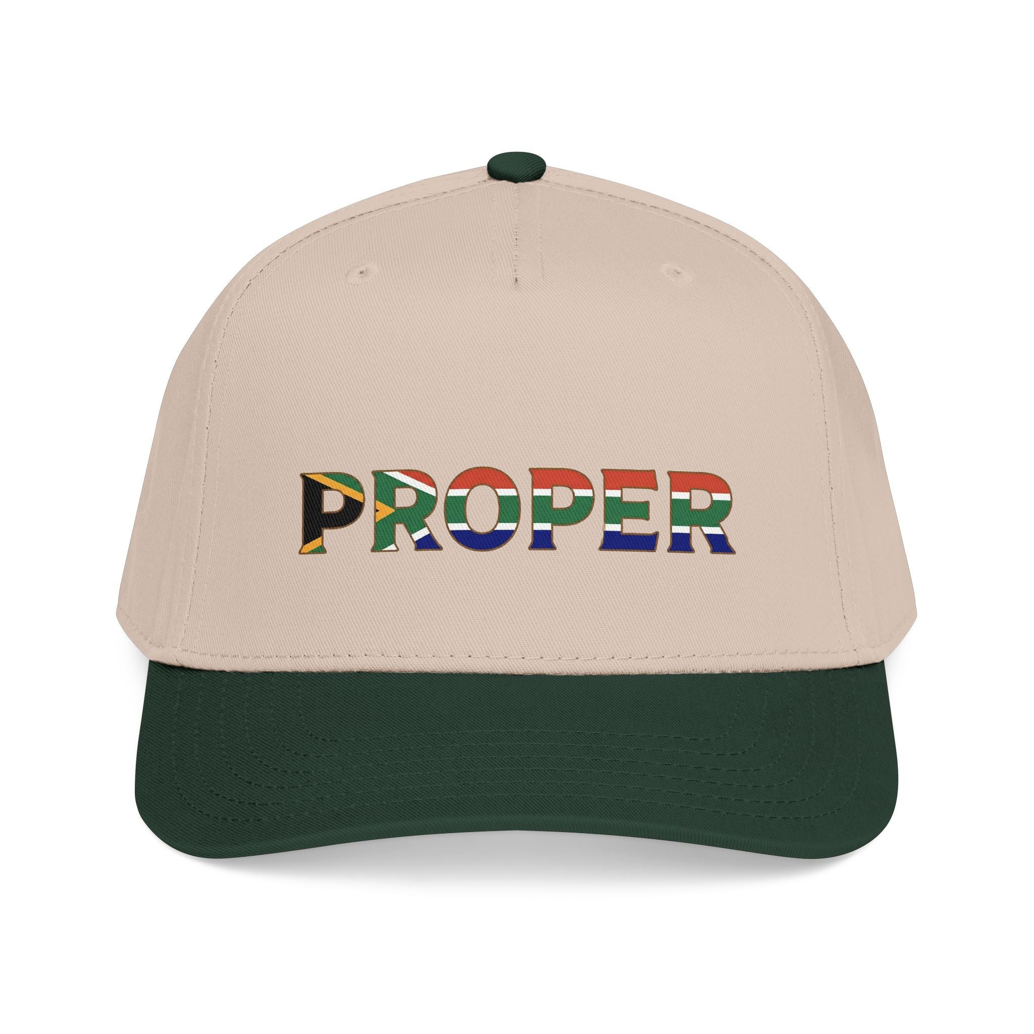 Beige and green cap with colorful 'Proper' South African Flag branding