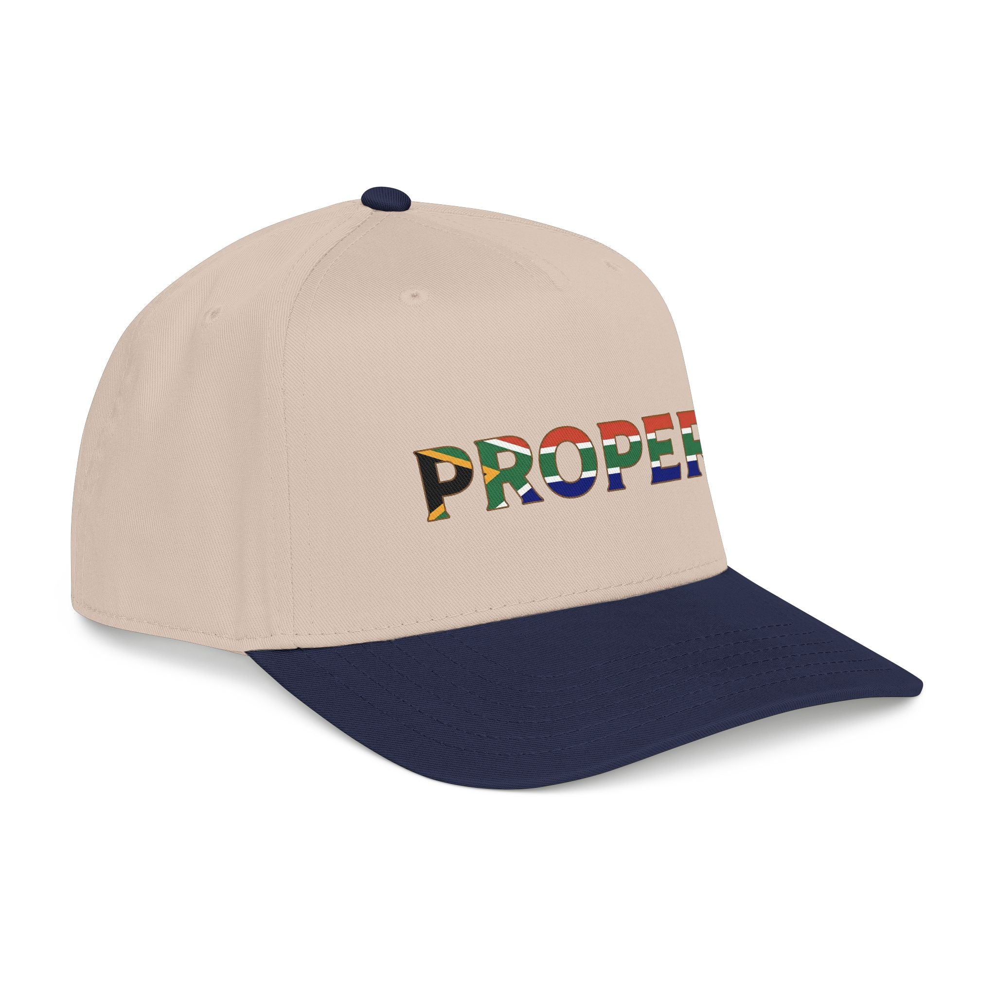Beige and navy cap with colorful 'Proper' South African Flag branding