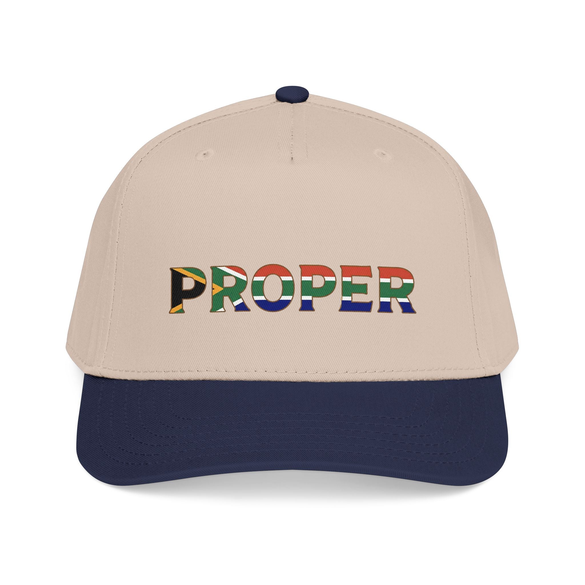 Beige and navy cap with colorful 'Proper' South African Flag 