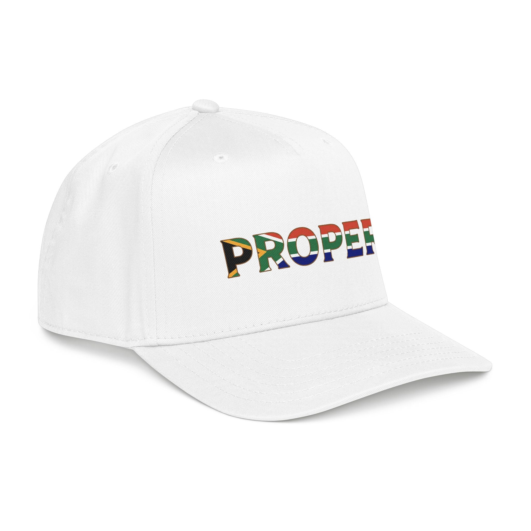 White cap with colorful 'Proper' South African Flag branding