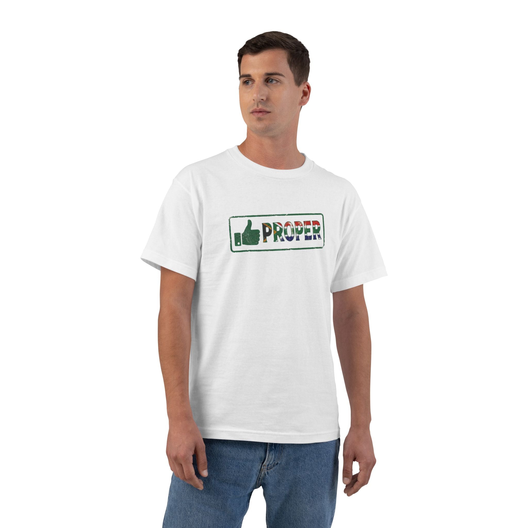 Man wearing a white t-shirt with a proper South African flag graphic
